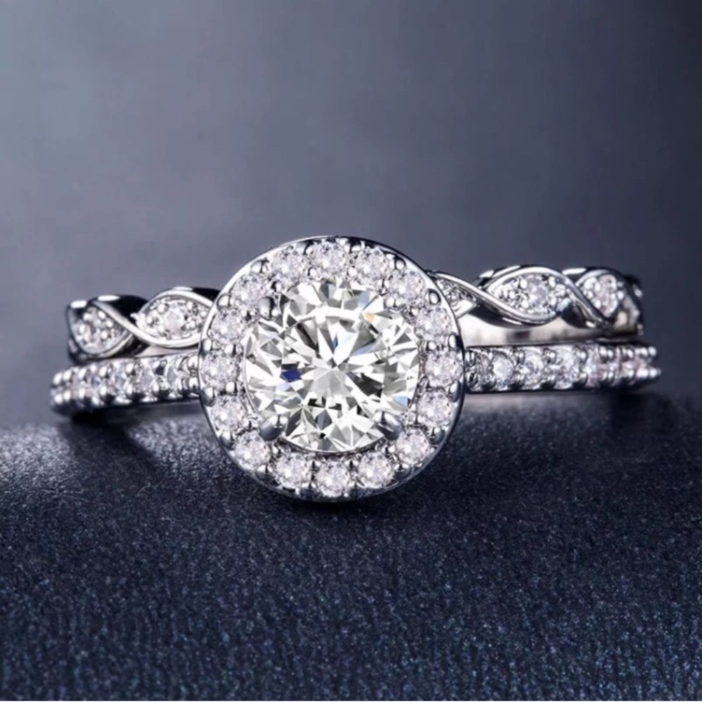 Silver Two-Piece Halo Ring Set Size 6 White Sapphire